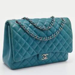 Pre Owned Chanel Green Quilted Leather Maxi Classic Double Flap Bag