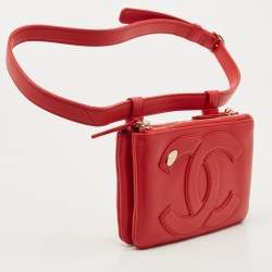 Pre Owned Chanel Red Leather CC Mania Double Zip Waist Belt Bag