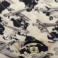 Pre Owned Chanel White/Navy Blue Quilted Airplane Print Canvas Medium Classic Single Flap Bag