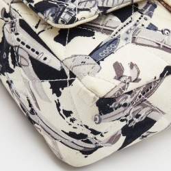 Pre Owned Chanel White/Navy Blue Quilted Airplane Print Canvas Medium Classic Single Flap Bag