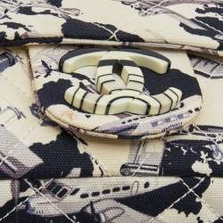 Pre Owned Chanel White/Navy Blue Quilted Airplane Print Canvas Medium Classic Single Flap Bag
