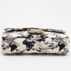 Pre Owned Chanel White/Navy Blue Quilted Airplane Print Canvas Medium Classic Single Flap Bag