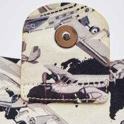 Pre Owned Chanel White/Navy Blue Quilted Airplane Print Canvas Medium Classic Single Flap Bag