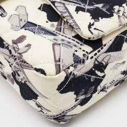 Pre Owned Chanel White/Navy Blue Quilted Airplane Print Canvas Medium Classic Single Flap Bag