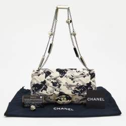 Pre Owned Chanel White/Navy Blue Quilted Airplane Print Canvas Medium Classic Single Flap Bag