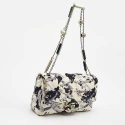 Pre Owned Chanel White/Navy Blue Quilted Airplane Print Canvas Medium Classic Single Flap Bag