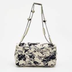 Pre Owned Chanel White/Navy Blue Quilted Airplane Print Canvas Medium Classic Single Flap Bag