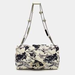 Pre Owned Chanel White/Navy Blue Quilted Airplane Print Canvas Medium Classic Single Flap Bag