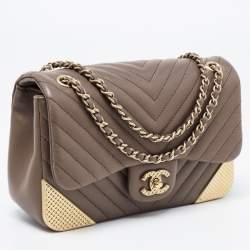 Pre Owned Chanel Dark Beige Chevron Leather Mini Rock The Corner Flap Bag
