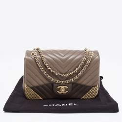 Pre Owned Chanel Dark Beige Chevron Leather Mini Rock The Corner Flap Bag