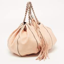Pre Owned Chanel Peach/Black Leather Reversible Drawstring Tassel Bag
