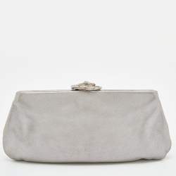 Chanel Silver Iridescent Leather Crystal Camellia Clutch