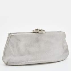 Chanel Silver Iridescent Leather Crystal Camellia Clutch