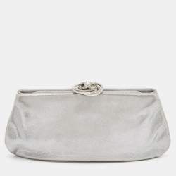 Chanel Silver Iridescent Leather Crystal Camellia Clutch Chanel