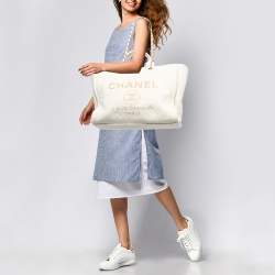 Chanel Cream Tweed and Leather Large Deauville Bag