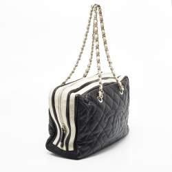 Pre Owned Chanel White/Black Quilted Leather CC Zip Shoulder Bag