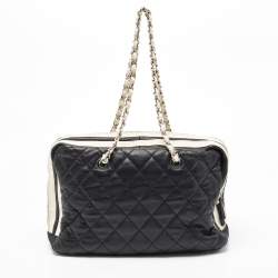 Pre Owned Chanel White/Black Quilted Leather CC Zip Shoulder Bag