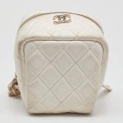 Pre Owned Chanel White Quilted Leather Vanity Case Wristlet Pouch 