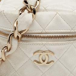 Pre Owned Chanel White Quilted Leather Vanity Case Wristlet Pouch 