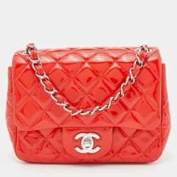 Chanel Orange Quilted Patent Leather Mini Square Classic Flap Bag Chanel