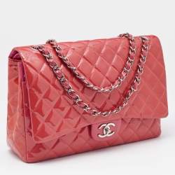 Pre Owned Chanel Pink Quilted Patent Leather Maxi Classic Double Flap Bag