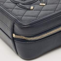 Pre Owned Chanel Navy Blue Quilted Caviar Leather Small CC Filigree Vanity Case Bag