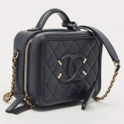 Pre Owned Chanel Navy Blue Quilted Caviar Leather Small CC Filigree Vanity Case Bag