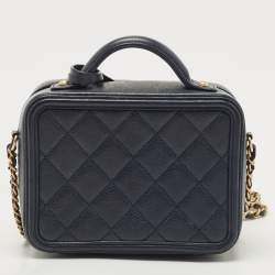 Pre Owned Chanel Navy Blue Quilted Caviar Leather Small CC Filigree Vanity Case Bag