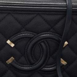 Pre Owned Chanel Navy Blue Quilted Caviar Leather Small CC Filigree Vanity Case Bag