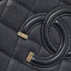 Pre Owned Chanel Navy Blue Quilted Caviar Leather Small CC Filigree Vanity Case Bag