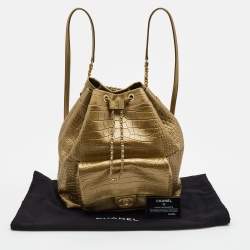 Pre Owned Chanel Gold Croc Embossed Leather Drawstring Backpack