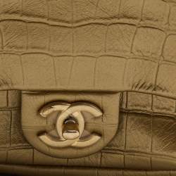 Pre Owned Chanel Gold Croc Embossed Leather Drawstring Backpack