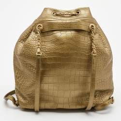 Pre Owned Chanel Gold Croc Embossed Leather Drawstring Backpack