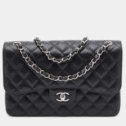 Chanel Classic Double Flap Quilted Caviar Silver-tone Jumbo Black - US