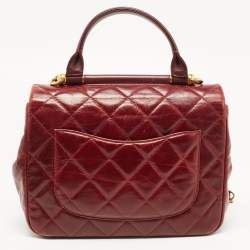 Pre Owned Chanel Burgundy Quilted Leather Gold Bar Top Handle Bag