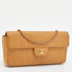 Pre Owned Chanel Beige Chocolate Bar Quilted Leather East West Flap Bag
