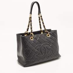 Pre Owned Chanel Black Quilted Caviar Leather GST Shopper Tote