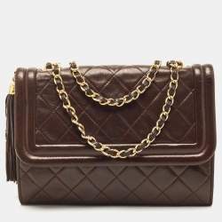 Pre Owned Chanel Dark Brown Quilted Leather Tassel Flap Bag