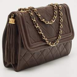Pre Owned Chanel Dark Brown Quilted Leather Tassel Flap Bag
