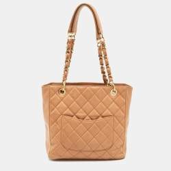 Pre Owned Chanel Beige Quilted Caviar Leather Petite Shopping Tote