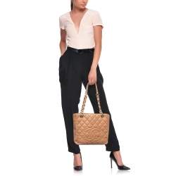 Pre Owned Chanel Beige Quilted Caviar Leather Petite Shopping Tote