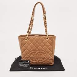 Pre Owned Chanel Beige Quilted Caviar Leather Petite Shopping Tote