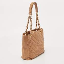 Pre Owned Chanel Beige Quilted Caviar Leather Petite Shopping Tote