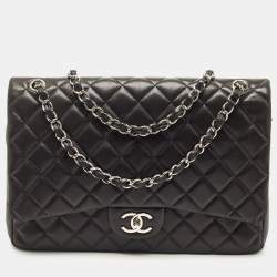 Pre Owned Chanel Black Quilted Lambskin Leather Maxi Classic Double Flap Bag