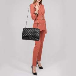 Pre Owned Chanel Black Quilted Lambskin Leather Maxi Classic Double Flap Bag