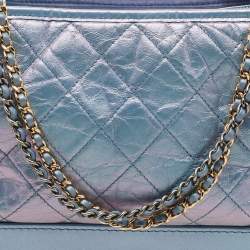 Pre Owned Chanel Light Blue Shimmer Quilted Aged Leather Medium Gabrielle Hobo