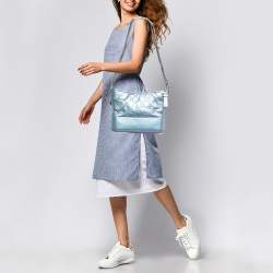 Pre Owned Chanel Light Blue Shimmer Quilted Aged Leather Medium Gabrielle Hobo
