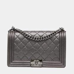 Chanel Grey Quilted Lambskin Leather Medium Boy Bag - Yoogi's Closet