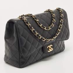 Chanel Black Quilted Caviar Leather Jumbo Classic Single Flap Bag