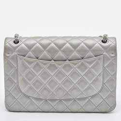 Chanel Silver Quilted Lambskin Leather Jumbo Classic Double Flap Bag